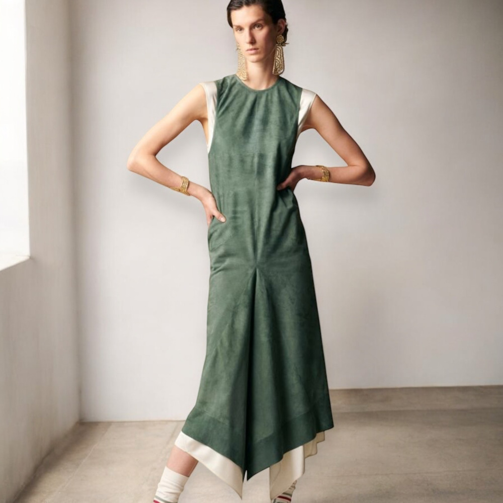 CHLOÉ Suede Leather Midi Dress Stormy Green Size 34 US 2 Small NWT defect $4590 - Picture 2 of 10